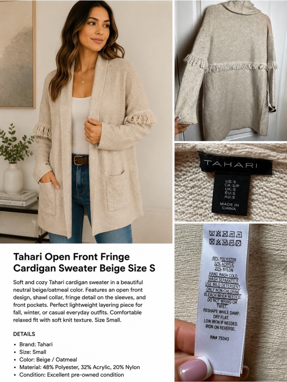 Tahari Open Front Fringe Cardigan Sweater Beige Size S